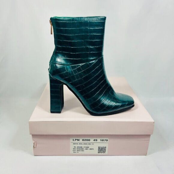 NWT/NIB JustFab Inesa Green Croc Womens Block Heeled Ankle Boot Gold Zip 7.5 - Picture 2 of 6